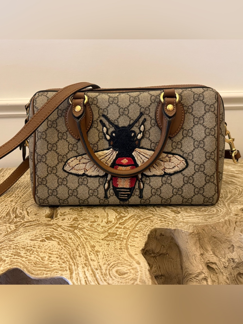 Gucci Brown GG Supreme Bee Embroidered Satchel